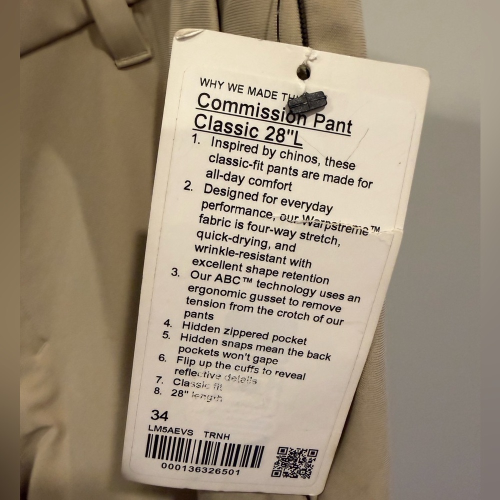 NWT Lululemon Athletica Men's Commission Pant Classic 28’ LL Size 34 - Picture 9 of 10